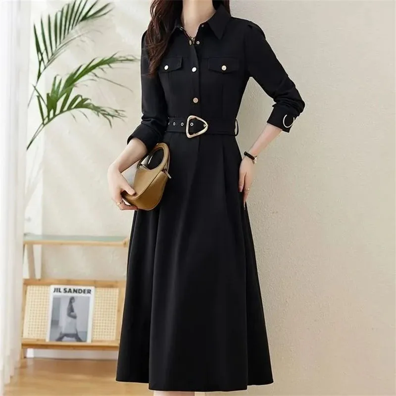 فستان برقبة على شكل طية صدر السترة فساتين قميص نسائية بأكمام طويلة 2026 ربيع خريف جديد فساتين راقية نسائية Mujer Vestidos