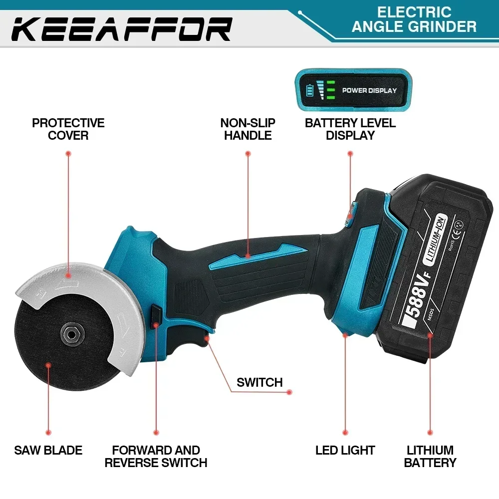 KEEAFFOR 76mm Brushless Angle Grinder Speed Variable Cordless Electric Cutting Grinding Woodworking Tool For Makita 18V Battery