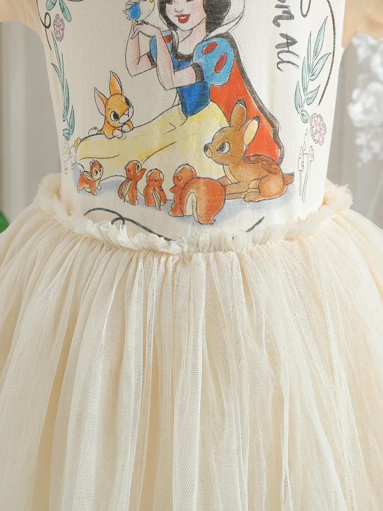 فستان أميرات ميكي ماوس بأكمام قصيرة من ديزني للبنات ، تنورة شبكية منتفخة للأطفال ، تنورة بيضاء ثلجية ، أطفال في الصيف