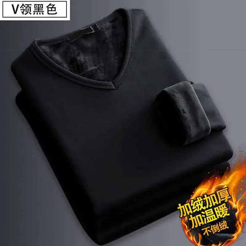 Camisa de roupa interior térmica de manga comprida masculina, tops esportivos de lã em V, roupas térmicas, confortável, quente, outono, 5XL