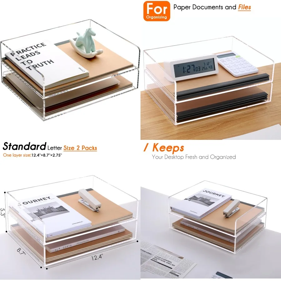 

2-Tier Stackable A4 Size Clear Acrylic Paper File Holder Tray for Desk Organization - Ideal for Office Home and School Workspac