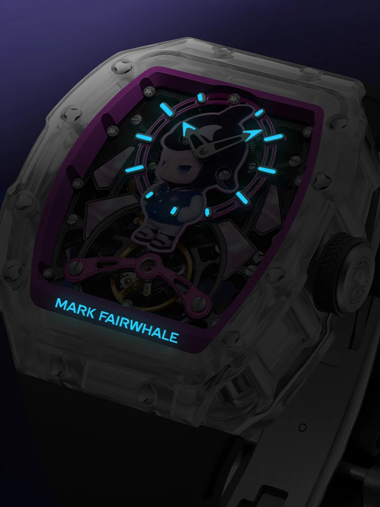 Mark Fairwhale Men Automatic Watch 48mm Acylic Tonneau Mechanical Wristwatch Skeleton Dial 30M Waterproof Luminous