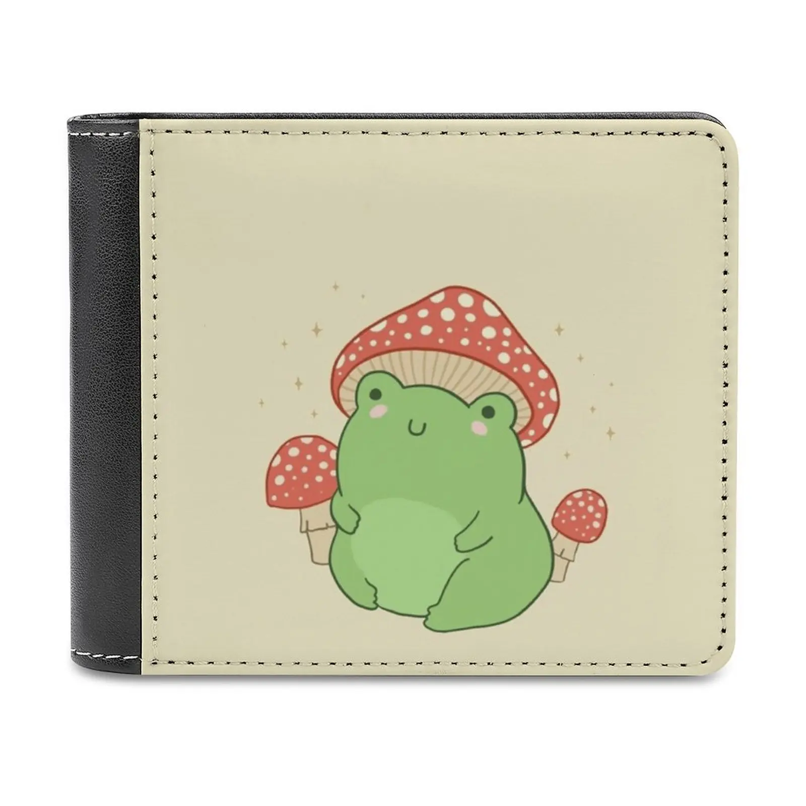 Kawaii Frog With Mushroom Hat And Toadstools-Cottagecore Men Wallet Pu Leather Short Male Purses Credit Card Wallet For Men