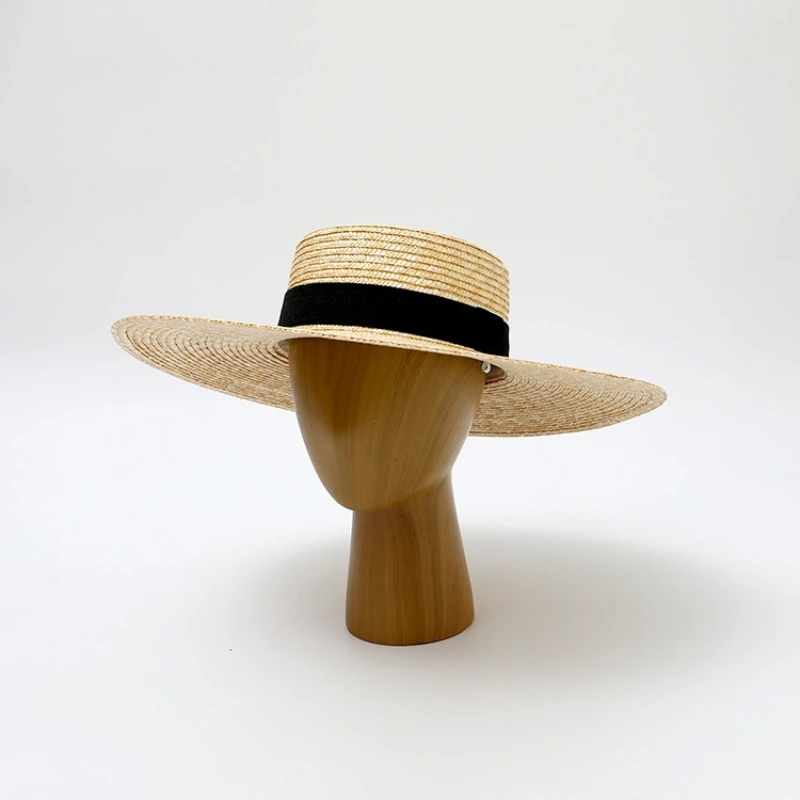 13CM Brim Chic French Elegant Straw Hats for Women Hepburn Wheat Straw Hat Boater Ladies Vacation Flat Top Beach Sun Cap Gorro
