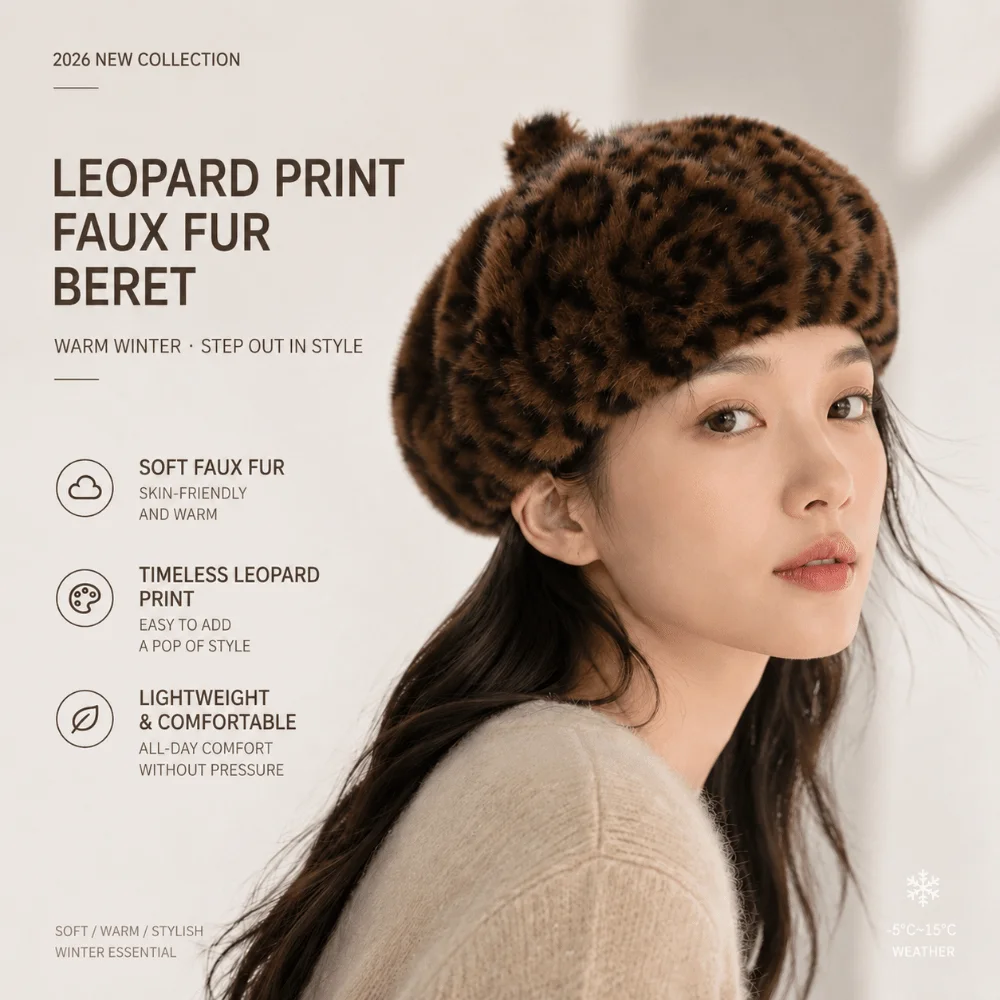 Leopard Print Faux Rabbit Fur Beret Solid Color Thicken Painter Beret Hat Flush Furry Keep Warm Octagonal Beanie Cap Women Girl