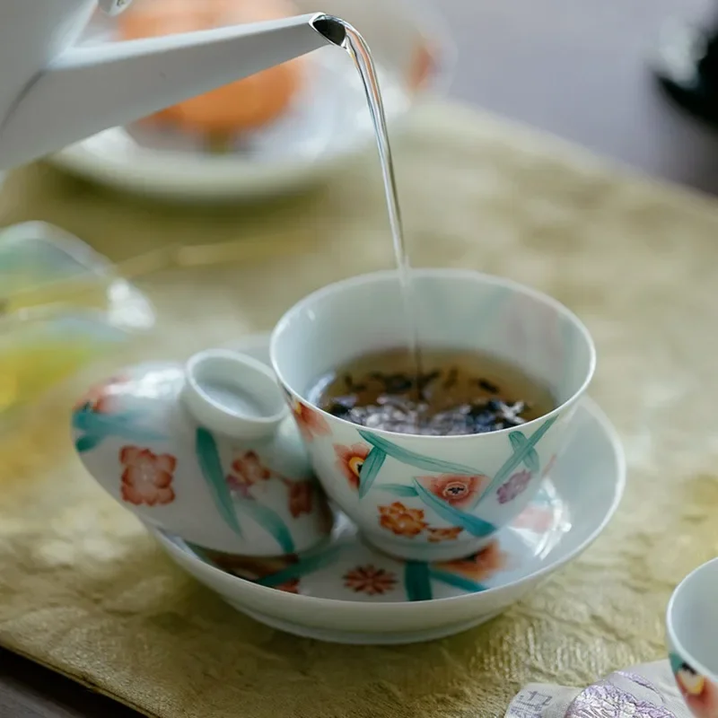Hand-painted ceramic Ercai cover bowl, household kung fu tea set, tea bowl New Chinese style, high-end fine tribute tea bowl