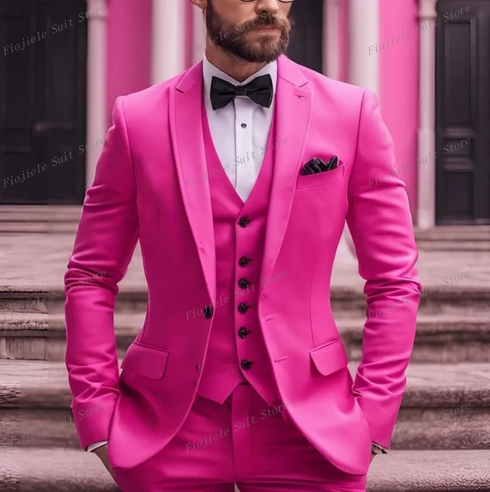 

New Rose Red Male Formal Occasion Men Suit Groom Groomsman Wedding Party Prom Business Tuxedos 3 Piece Set Blazer Vest Pants