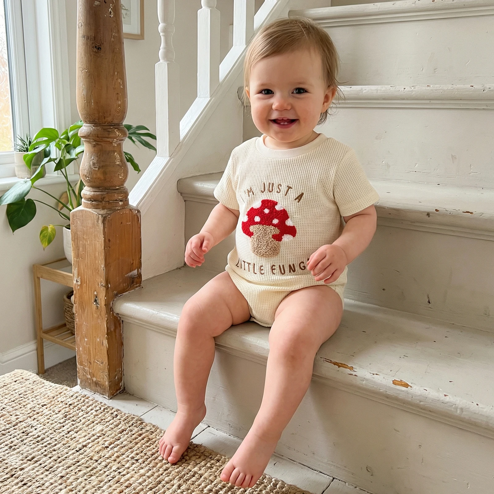 Baby Girls Waffle Rompers Casual Letter Mushroom Embroidery Short Sleeve Newborn Jumpsuits for Toddler Cute Clothes