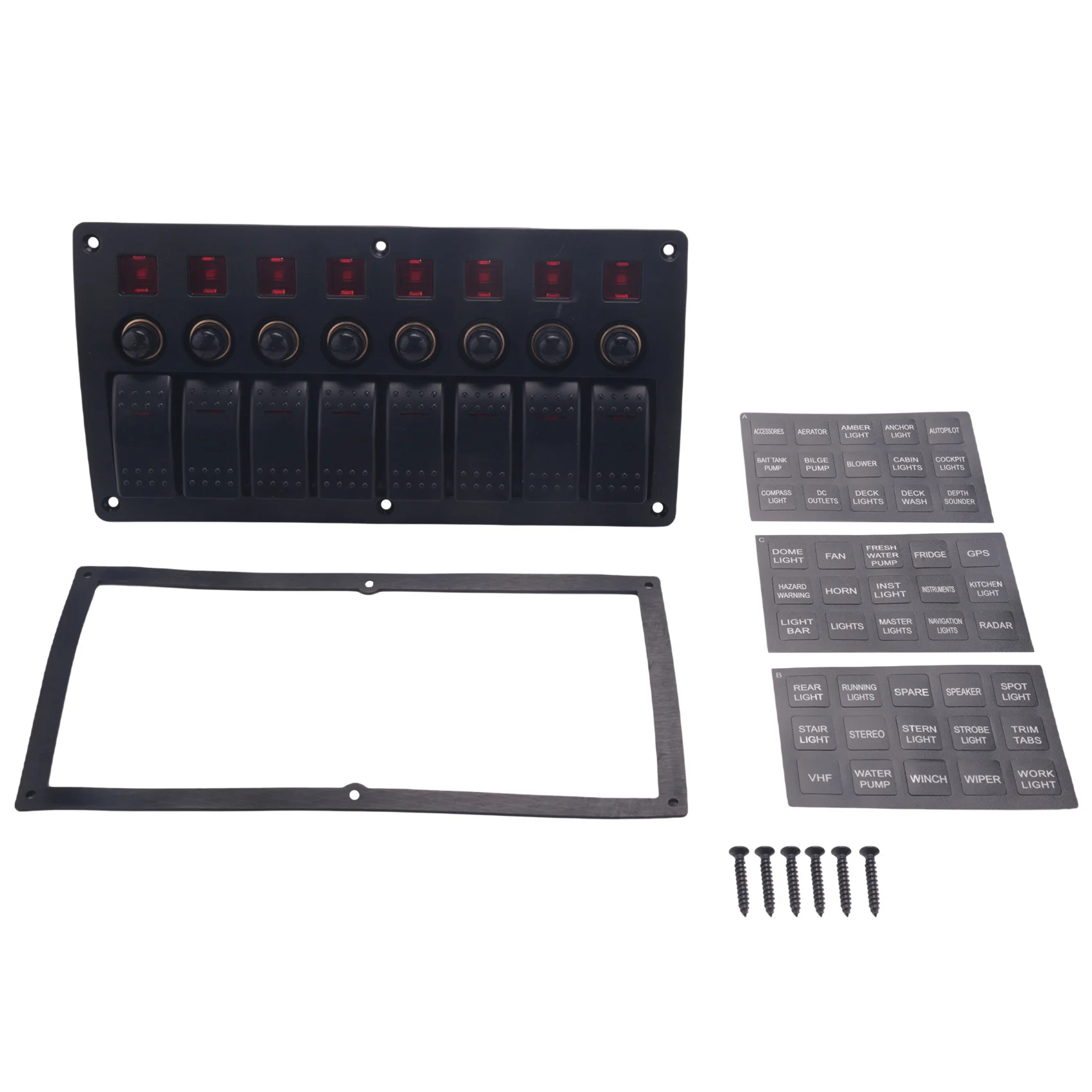 

AEB1-Boat Car Marine Rocker Switch Panel 8 Gang 3PIN & Circuit Breaker Overload Protection Waterproof LED Switch Panel DC12/24V