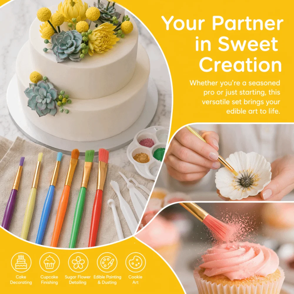 6PCS Nylon Bristles Cake Decorating Pen Easy to Clean Low Shedding Cake Brush Set Transparent Handles Metal Ferrules