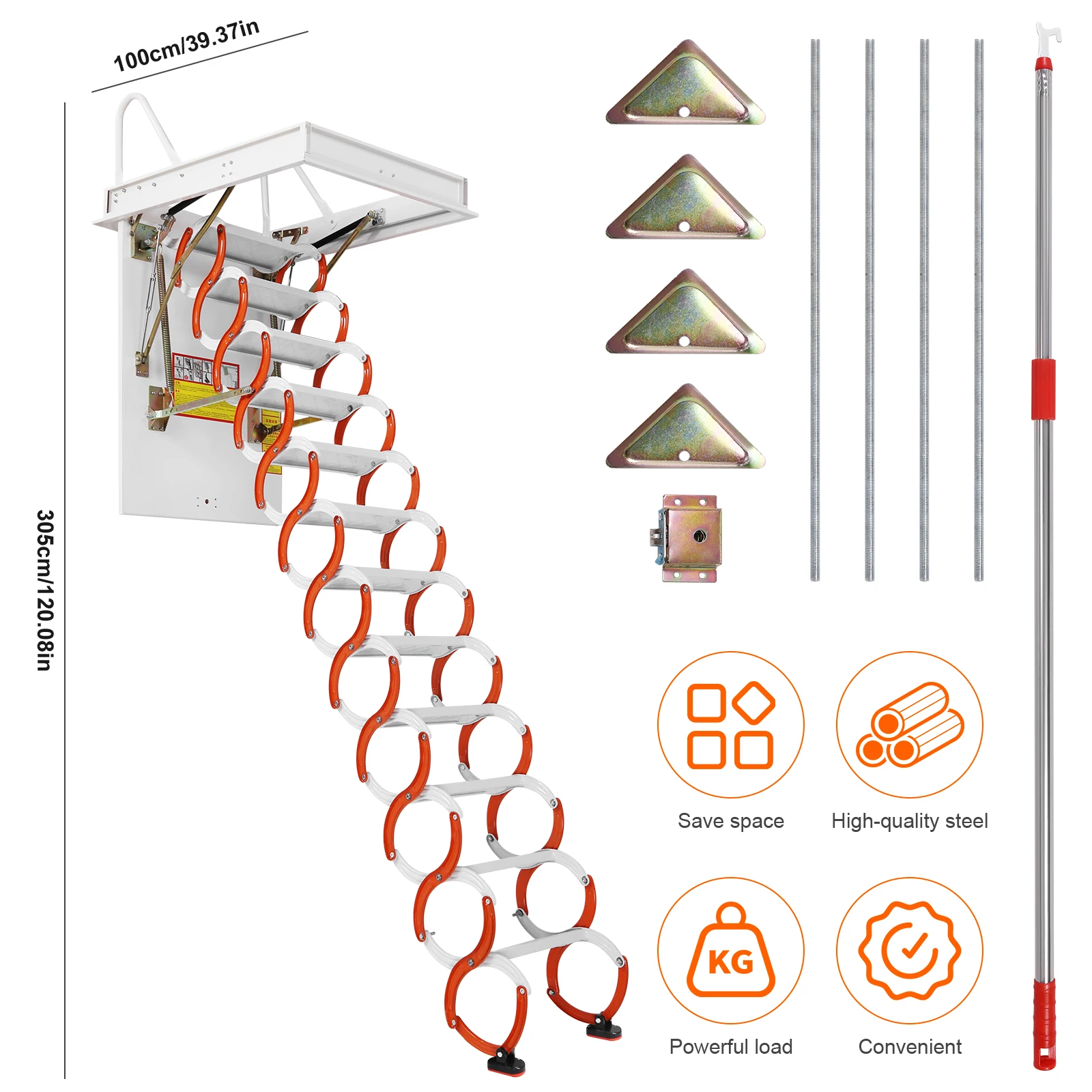 Attic Stairs Pull Down 12 Steps, 10.17FT Retractable Alloy Attic Folding Stairs Loft Ladder Wall Mounted with Pull Rod