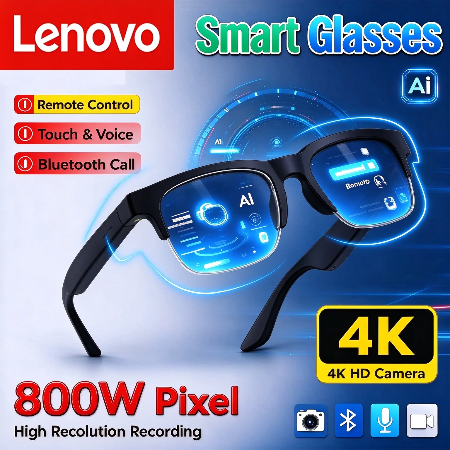Lenovo AI Smart Glasses Remote Control Touch Voice Assistant Translation Bluetooth Call Music Playback Video Recording Smart Sun