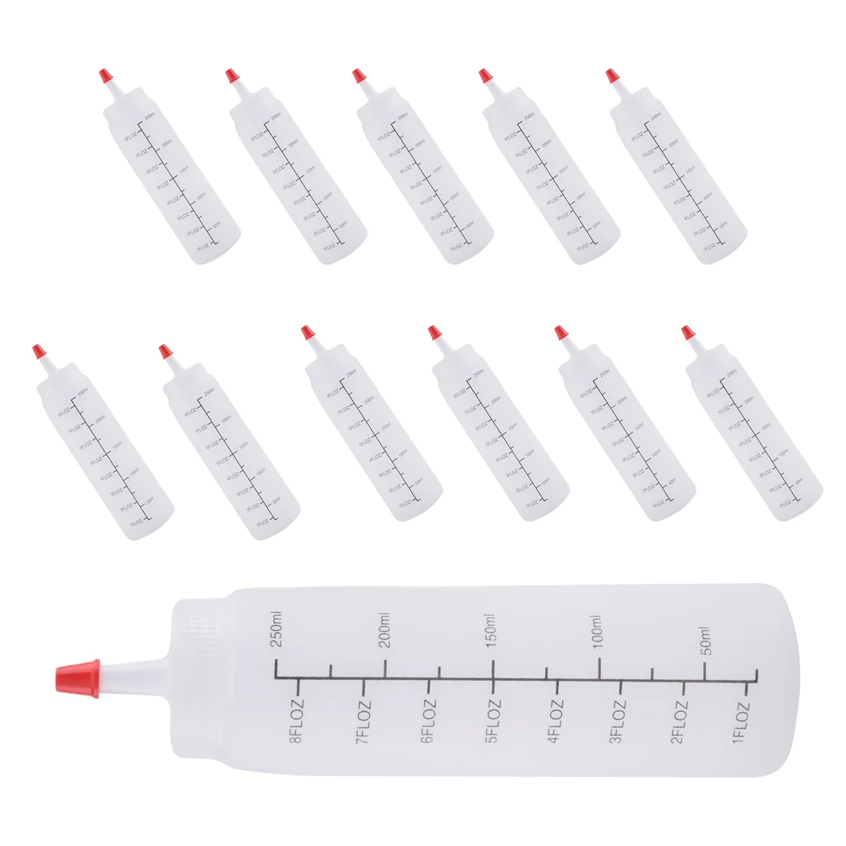 Paquete de 12 botellas cualitativas para apretar condimentos de 8 Oz con tapa de punta roja, botella de plástico duradera para salsas de ketchup, jarabe