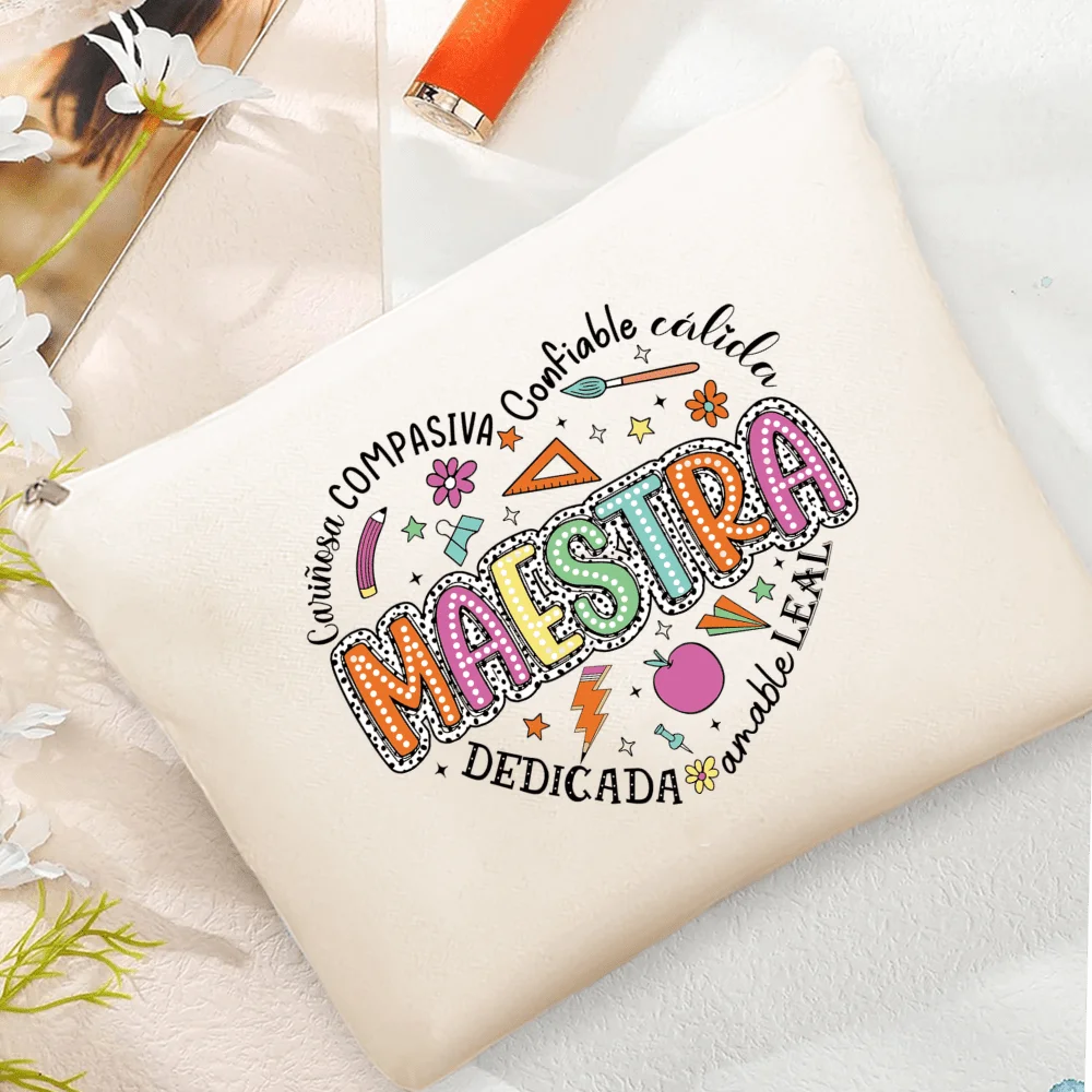 Bolsa de maquiagem para o dia do professor de espanhol, organizador de bolsas de armazenamento, bolsa de armazenamento para viagem, bolsa de cosmético