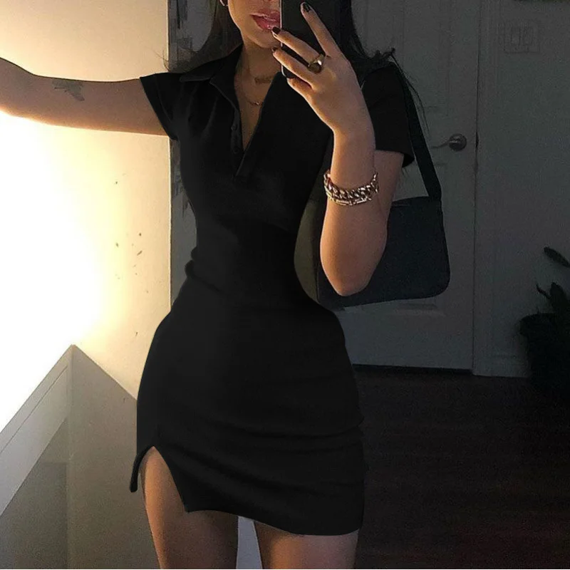 صيف جديد الموضة الأوروبية والأمريكية ضيقة بدوره إلى أسفل طوق Bodycon فتاة ساخنة قصيرة الأكمام فستان محبوك