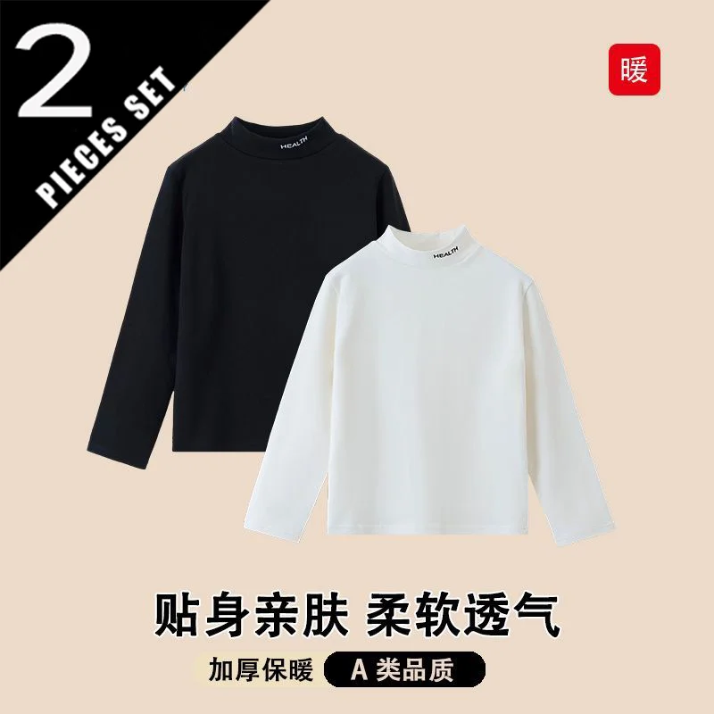 Children's  2PCS Autumn Winter Girls' Solid Color Long-Sleeved Shirt Half-Neckline T-Shirt Retro Baby Cotton Top Toddler Casual