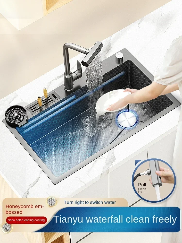 Waterfall Nano Sink Large Single Slot 304 Stainless Steel Embossed Kitchen Household Dishwasher Under Basin Washbasin