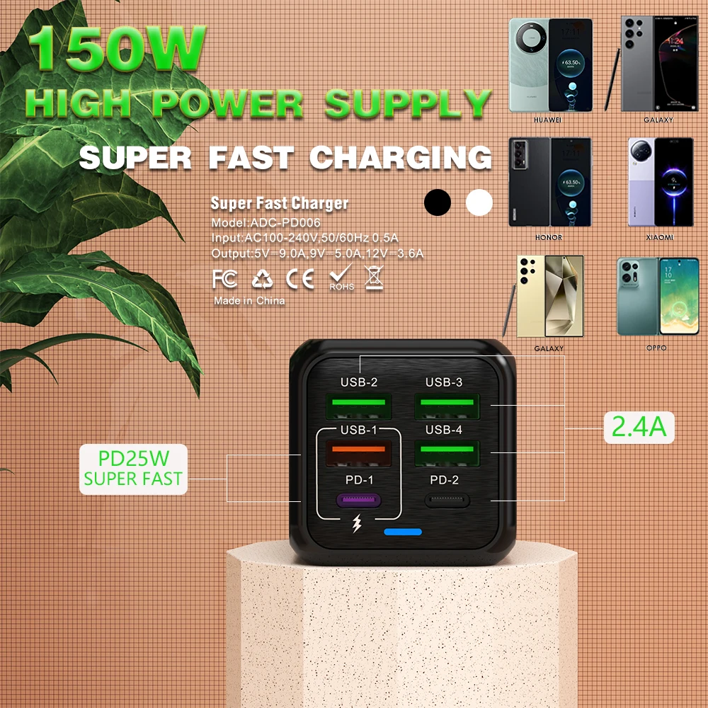 

150W 6 Ports Pd QC 4.0 Usb C Fast Charger Wall Adapter Super Fast Charging For Iphone Samsung Ipad Xiaomi Huawei Oneplus Oppo