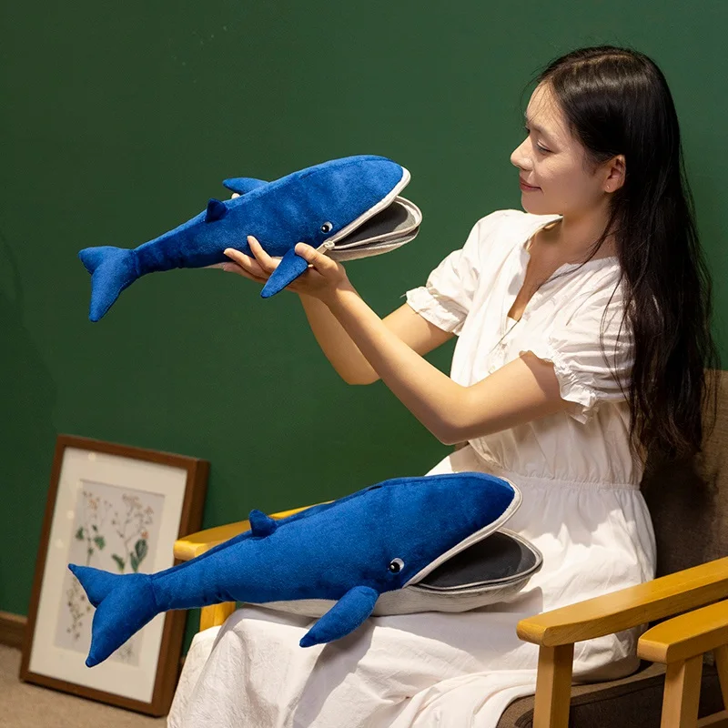 

40/55cm Blue Whale Plush Pillow Open/Closed Month with Zipper Scary Aquatic Animal Plushie Sleeping Companion Gift