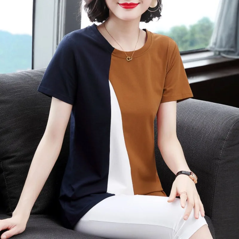 

2023 Summer Tshirts Women's Clothing New Round Neck Short Sleeve Temperament Patched Elegant Loose Casual Commuter Tops