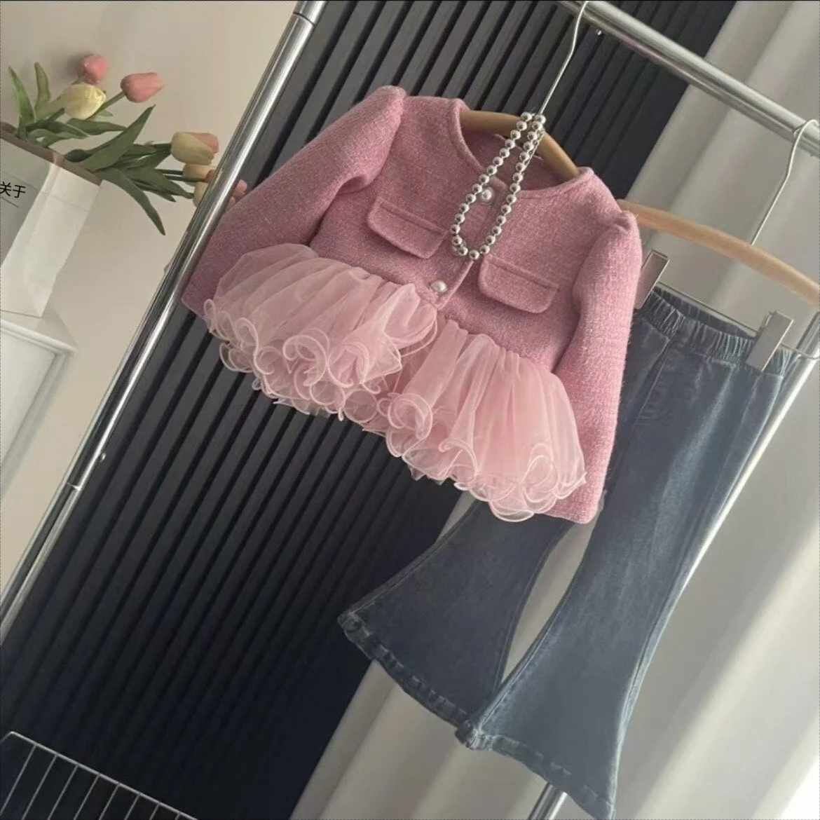 

Детский комплект пальто в стиле принцессы для девочек, весенне-осеннее маленькое ароматное пальто, женские джинсы в иностранном стиле, брюки-клеш