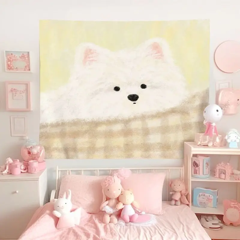 VIKAMA Milk Yellow Plush White Dog Tapestry, Puppy Aesthetic Wall Hanging for Bedroom Living Room Dorm Decor