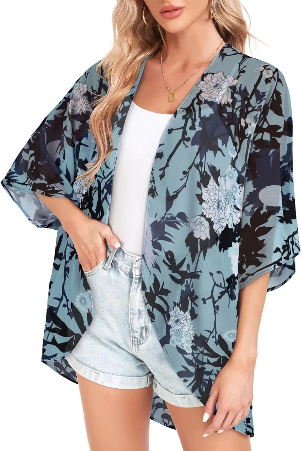 Women\'s Plus Size Floral Print Lightweight Chiffon Kimono Cardigan Short Sleeve Loose Beach Wear Cover Up Blouse Top Plus Size