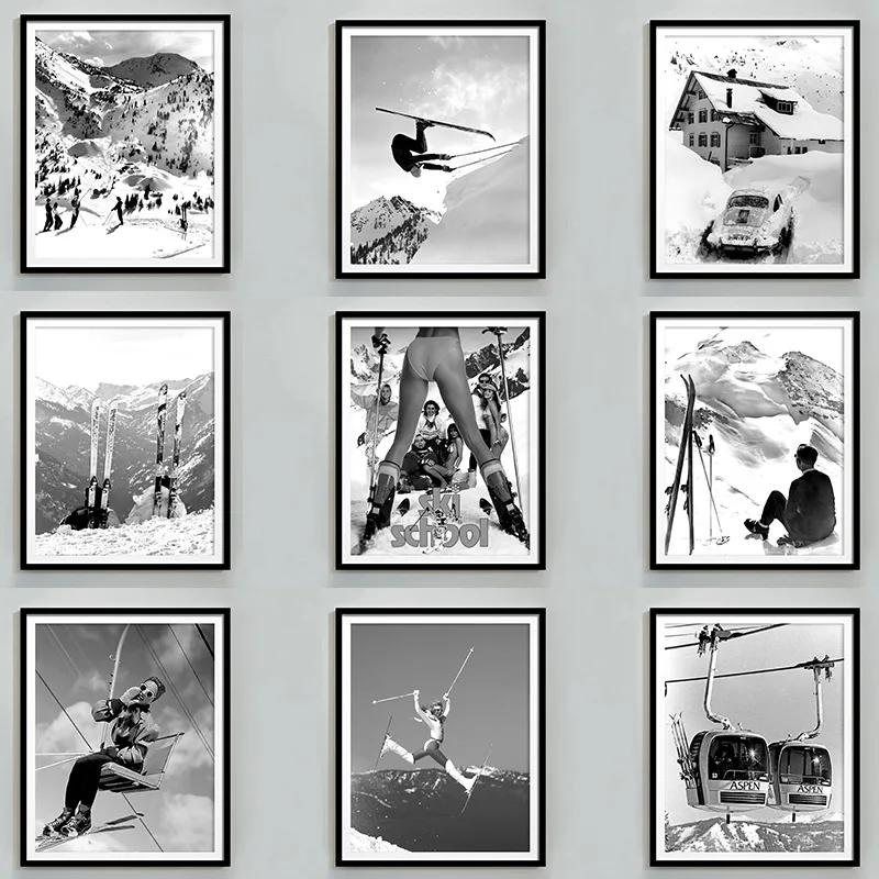 Vintage Bikini Ski Girls Black White Winter Skiing Poster and Prints Canvas Printing Wall Art Picture for Living Room Home Decor