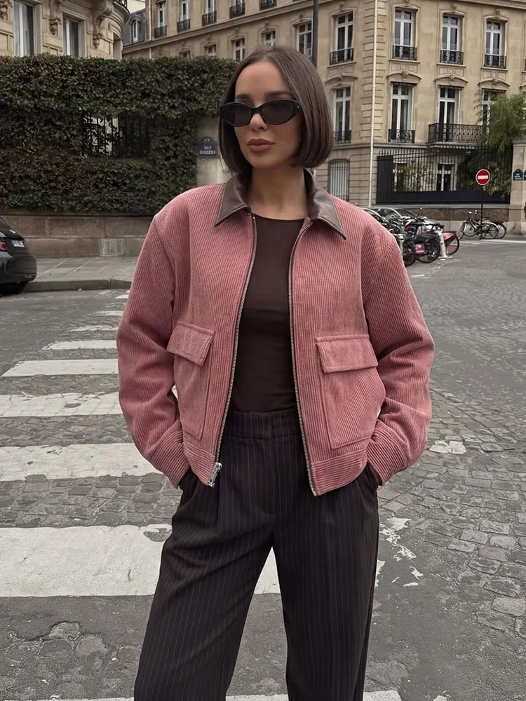 Damen Casual Patchwork Jacke mit Umlegekragen, Vordertaschen und Reißverschluss, Bomberjacke 2026 Frühling, Schicke Streetwear für Frauen