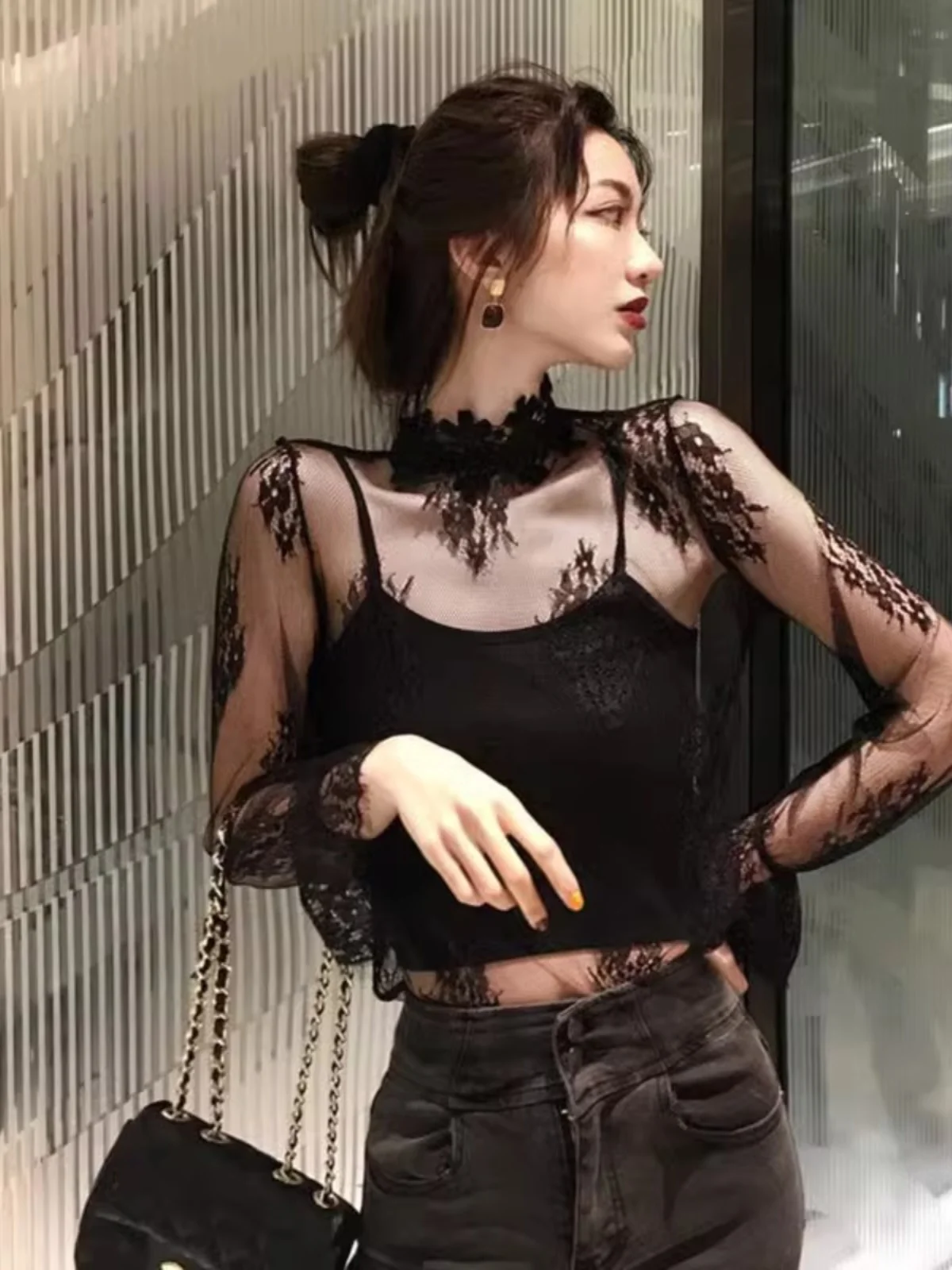 

Sexy Black Lace Thin Long Sleeve Women's Base Shirt Spring Autumn Mesh Top Underwear Straight Tube Polyester Fiber Blouse