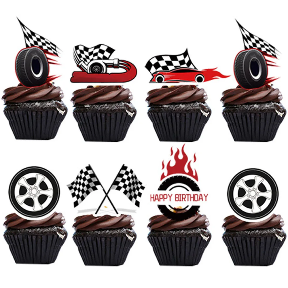 Racing Car Cupcake Topper Happy Birthday Wheel Dessert Cupcake Topper Checkered Racing Flag Cake Decor Race Car Party Supplies