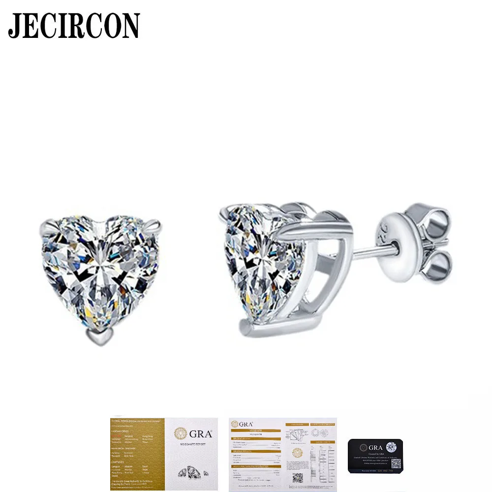 

JECIRCON 925 Sterling Ssilver Earrings for Women 1ct/2ct Heart-Shaped Moissanite Niche Design Studs European and American Fashio