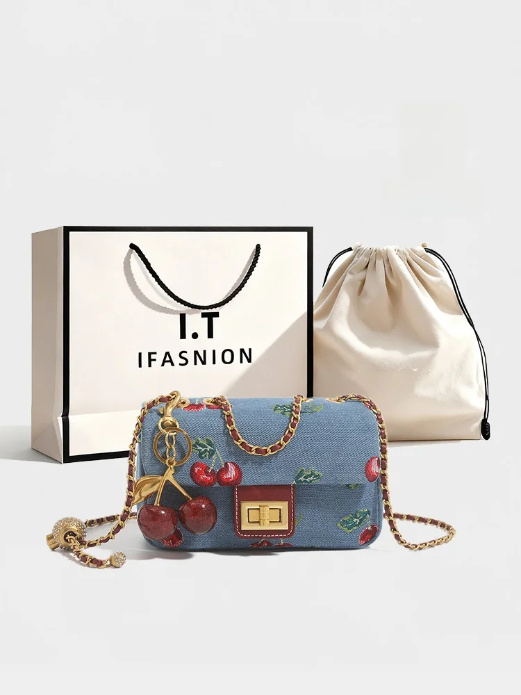 Elegant Embroidered Denim Crossbody Bag Single Shoulder Women's Fashion Cherry Pattern Hard  Casual Handbag IT Brand