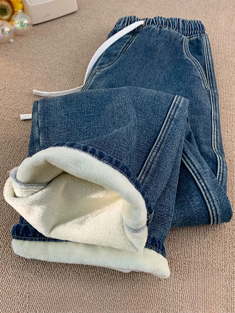 

Thickened Fleece Lined Men's Denim Jeans Straight Leg Wide Leg Casual Long Trousers Winter American High Street Style