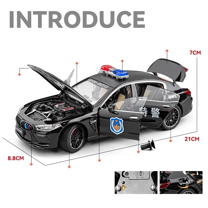 1:24 BMW M8 police car Alloy Car Diecast Metal Model Sound & Light Pull Back Toy Computer Desktop Ornaments Display Gift C381