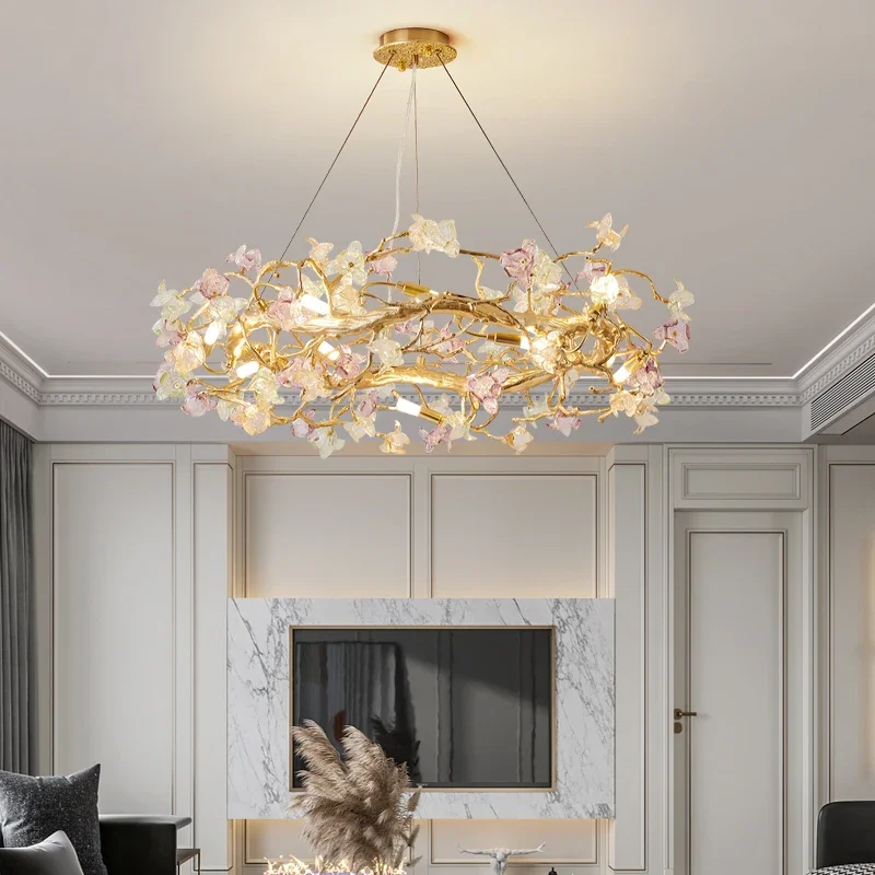 

Art living room chandelier light luxury branch villa restaurant Zen all copper tea room rose glass crystal lamp