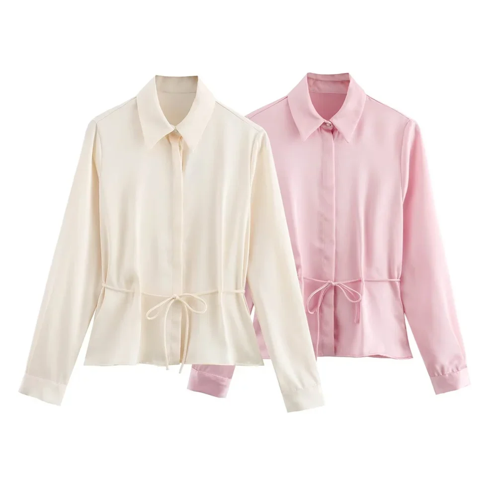 

LIBIELIY 2025 Summer New Women's Versatile European And American Style High End Decorated Waist Silk Texture Shirt