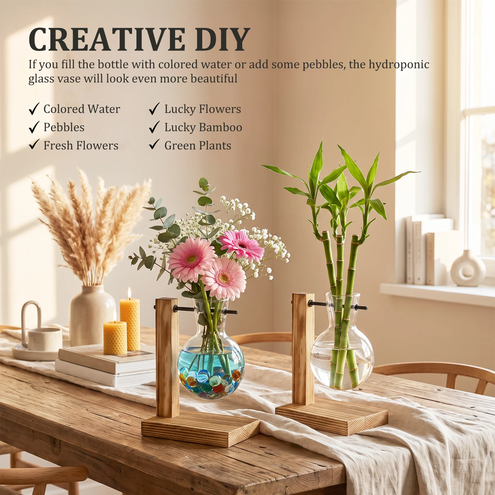 Glass Vase Hydroponic Plant Container Desktop Planter Wooden Vase Stand Bulb Water Planting Propagation Flower Vase Planters