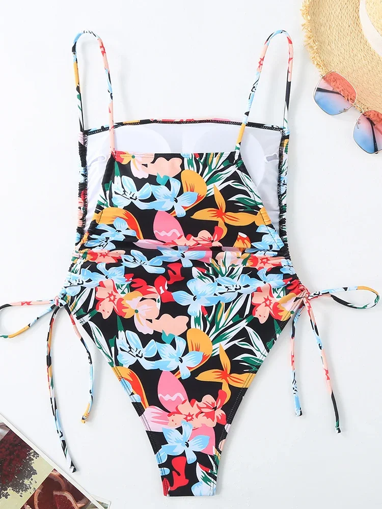 Beach Backless Lace Up Swimwears Bikinis Women 2025 New Summer One Piece Swimwears Sexy High Waist Print One Piece Swimwears