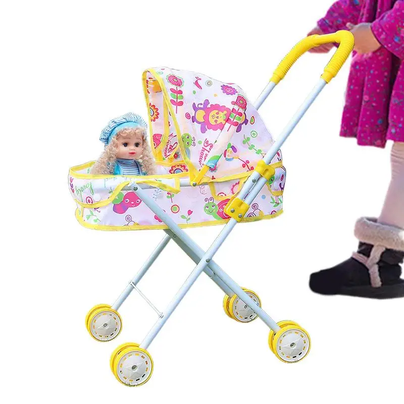 Versatile Doll Stroller Foldable With Canopy Kid Stroller Dress Girls Stroller Ages 3+ Kids Gift Toy Girl Doll Accessories Girls