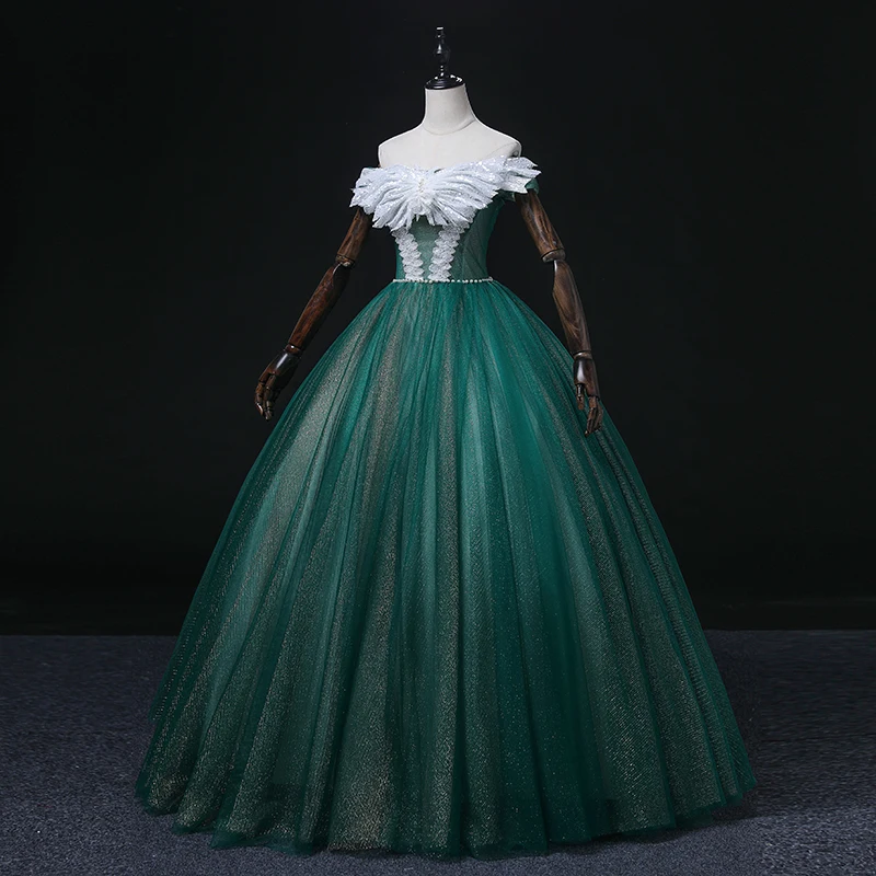 AnXin SH princesa encaje verde arco blanco cuello barco rebordear perlas volantes brillantes vestido de fiesta con cordones vestido de noche personalizado