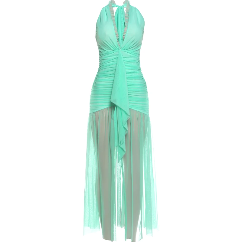 Weird Puss Elegantes Rückenfreies Kleid für Damen mit Tiefem V-Ausschnitt, Neckholder, Gerafftem Rock, Schlitz, Mesh-Patchwork, Sexy Party-Club-Kleid mit Pfirsichfarbenem Po-Effekt – Detail 3