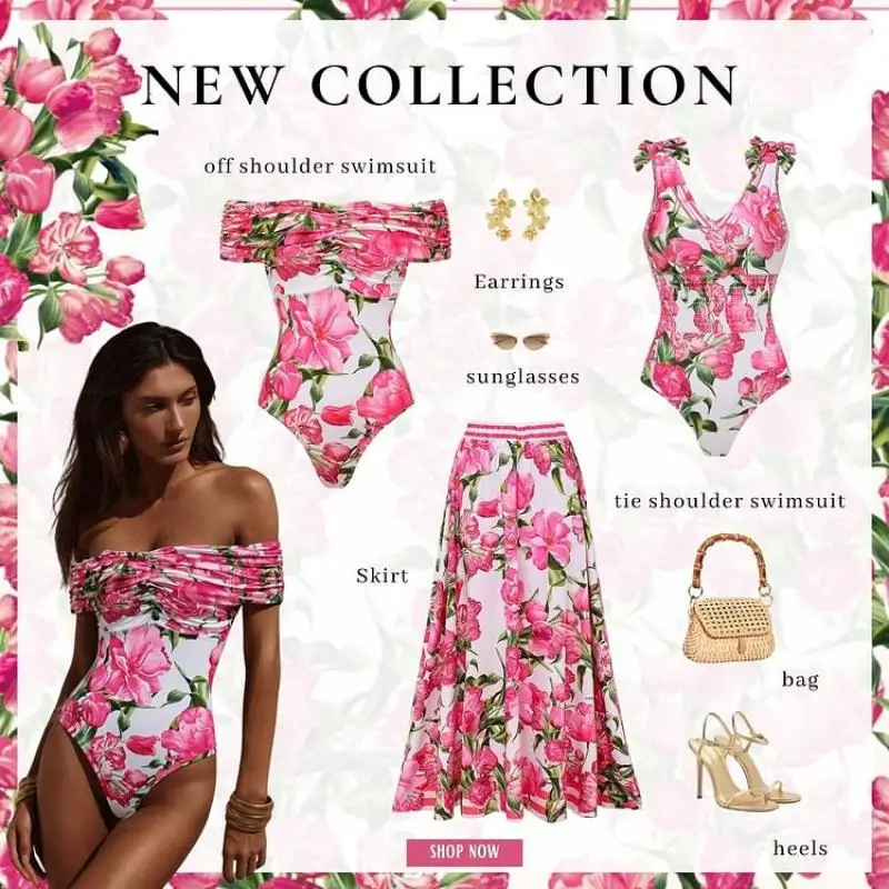 Flaxmaker 2025 One Piece Swimsuit and Skirt Summer Women Sexy Ruched Off Shoulder Flower Print Swimwear Sets Party Beachwear