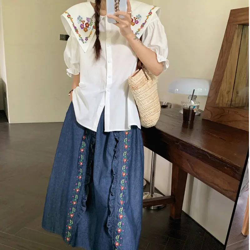 Mori Girl Style Vintage Flower Embroidery Skirt for Women Summer Elastic High Waist Loose A-Line Japanese Retro Loose Long Skirt