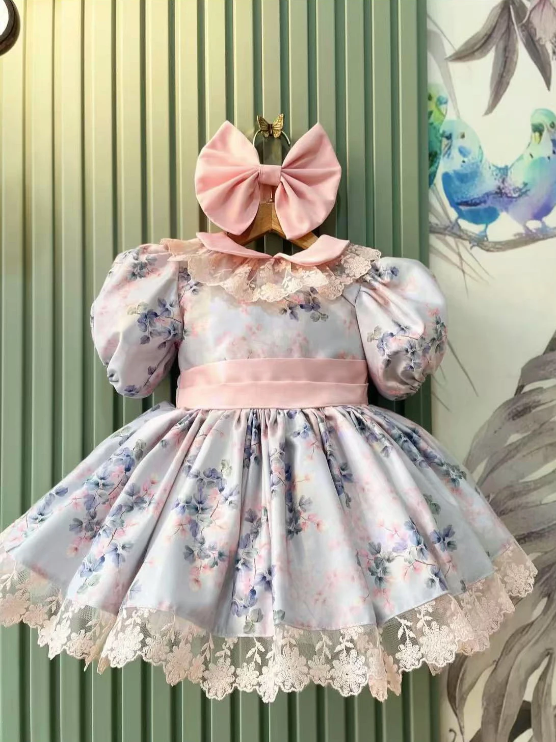 Baby Girl Summer Flower Printed Blue Turkish Vintage Lolita Princess Ball Gown Dress for Birthday Holiday Eid Photography B111