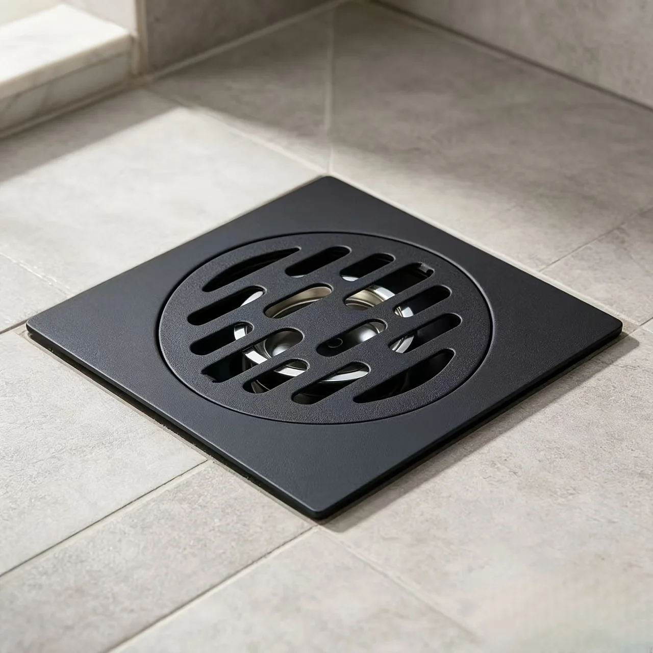 Anti-odor anti-insect black stainless steel floor drain. Features water seal design, painted top cover and snap-fit square frame
