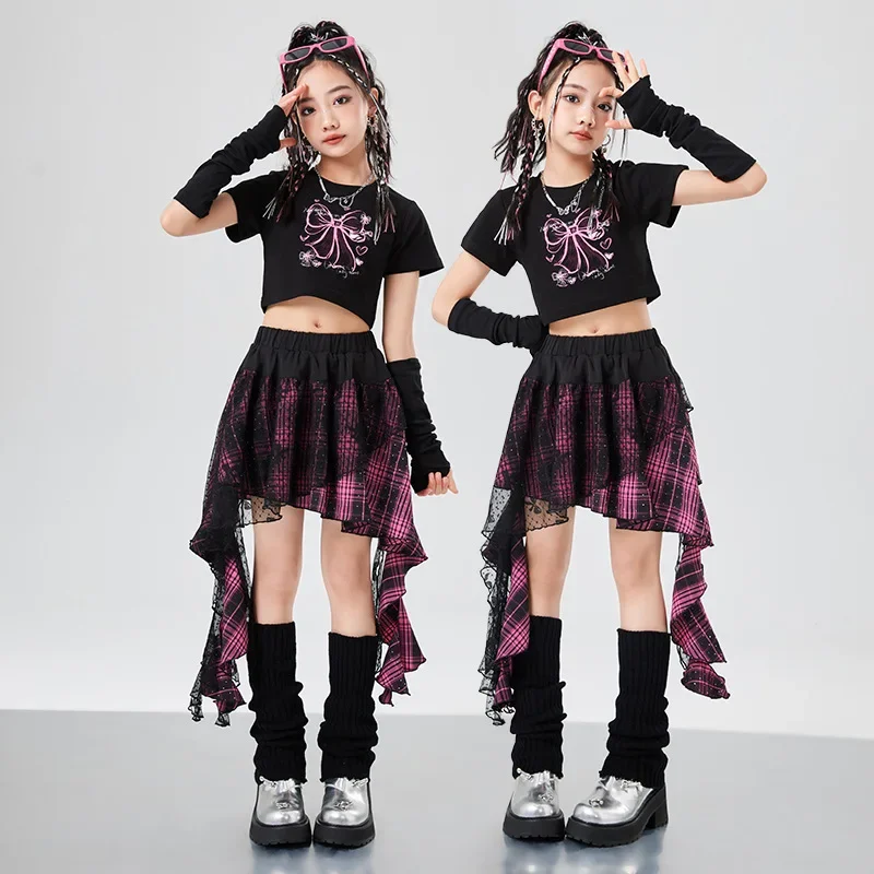Hip Hop Girls Crop Top Street Dance Gauze K-pop Plaid Skirts Kids Streetwear Children Jazz Cheerleader Costumes Clothes Sets