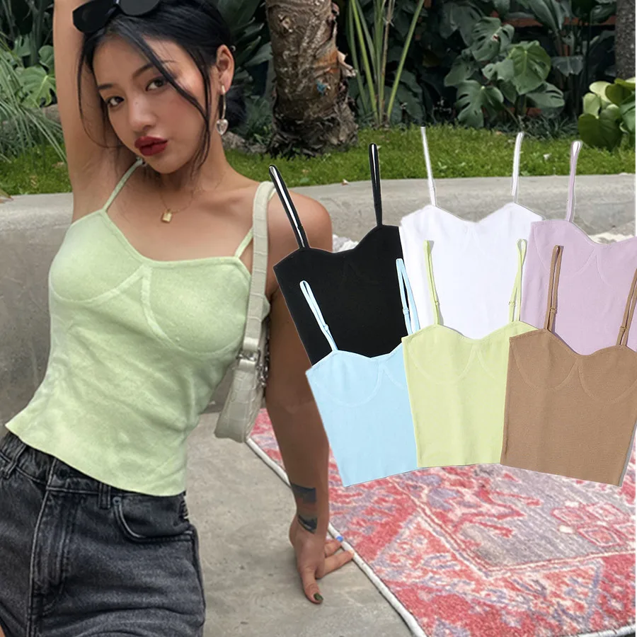 

Maxdutti 2023 Ins Blogger High Street Knitted Sexy Camisole Crop Tshirt Tops Cotton Colorful Summer Beach Short Tshirts Women