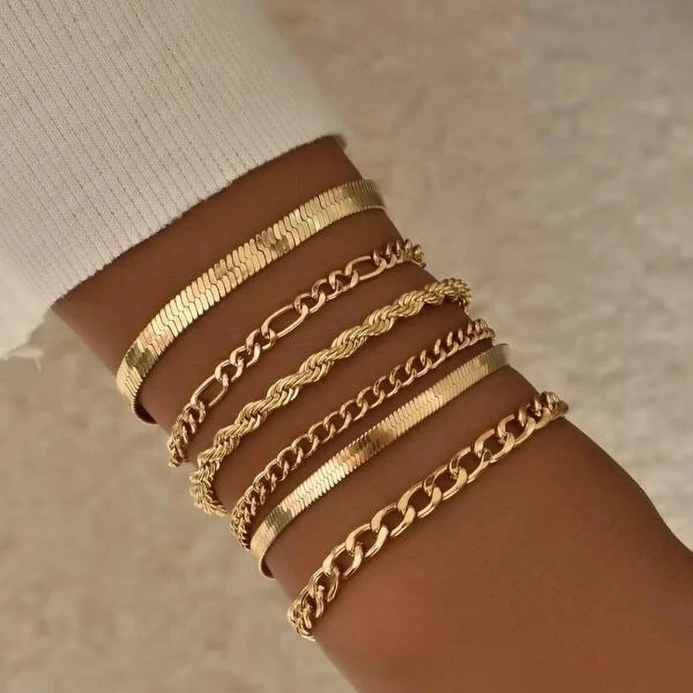 Geometric Boho Gold-plate Multi-style Punk Snake Chain Rope Chain Combination Bracelet Summer Multilevel Beach Handmade Jewelry