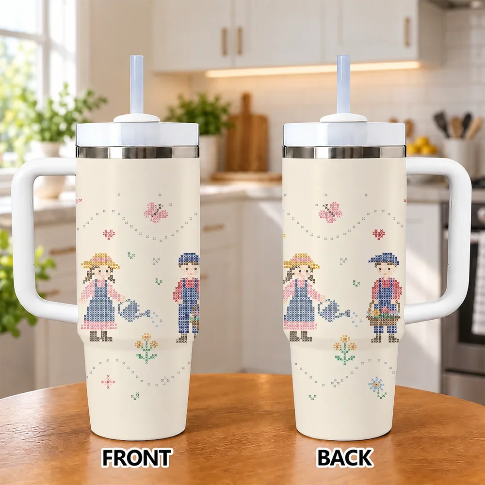 Cross Stitch Couple Flower 40oz Tumbler with Handle Straw Stainless Steel Insulated Travel Mug Vintage Cottage Gift for Women